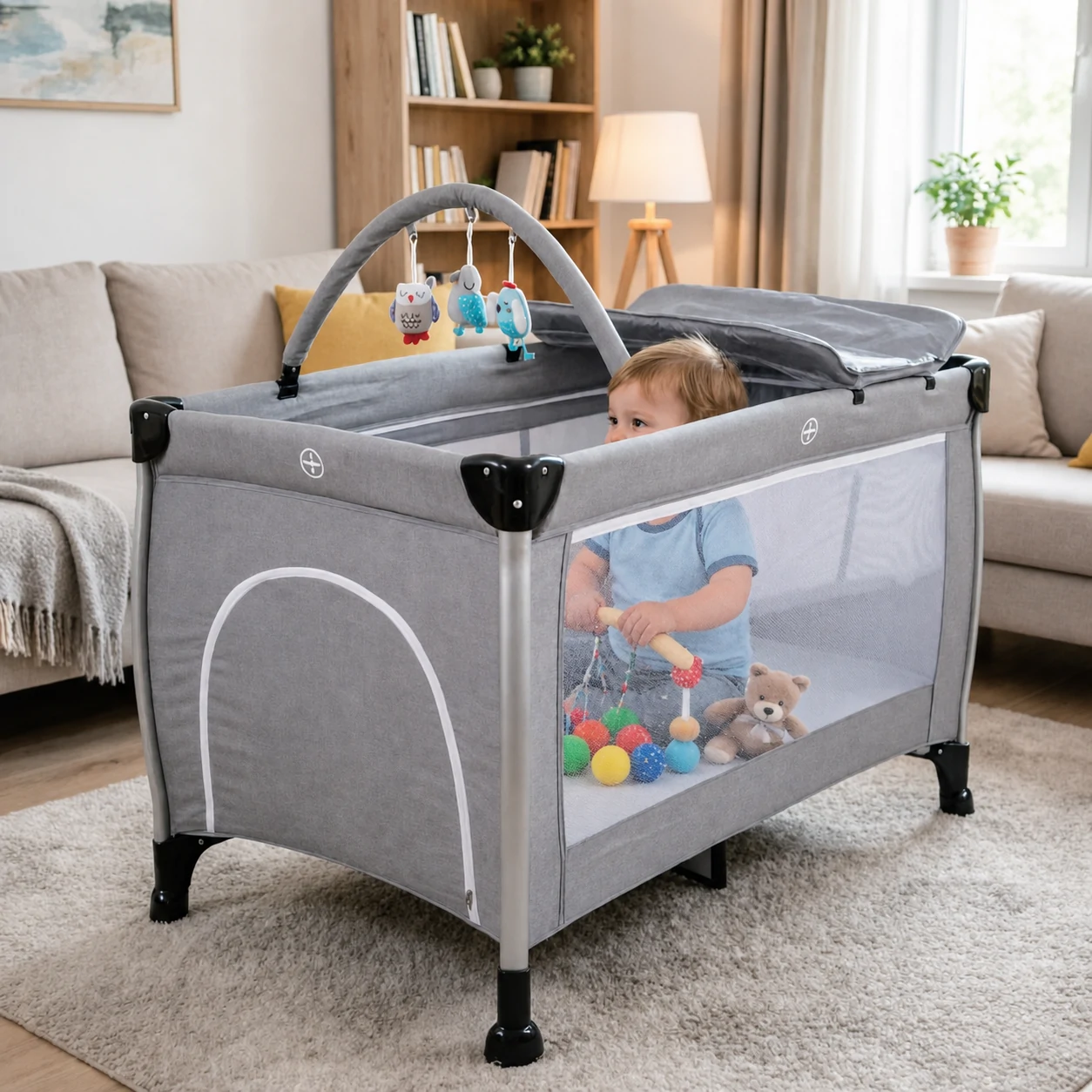 Baby playard in a home setting
